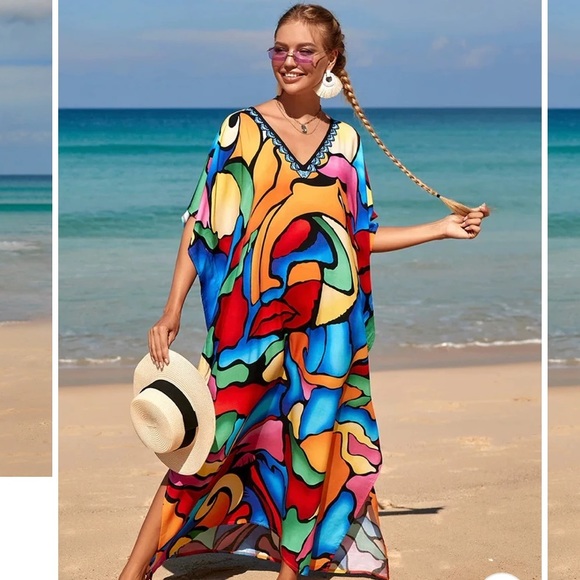 HOST PIC MAXI KAFTAN DRESS BEACH KIMONO ROBE VIBRANT MULTI PRINT OS - Picture 4 of 10